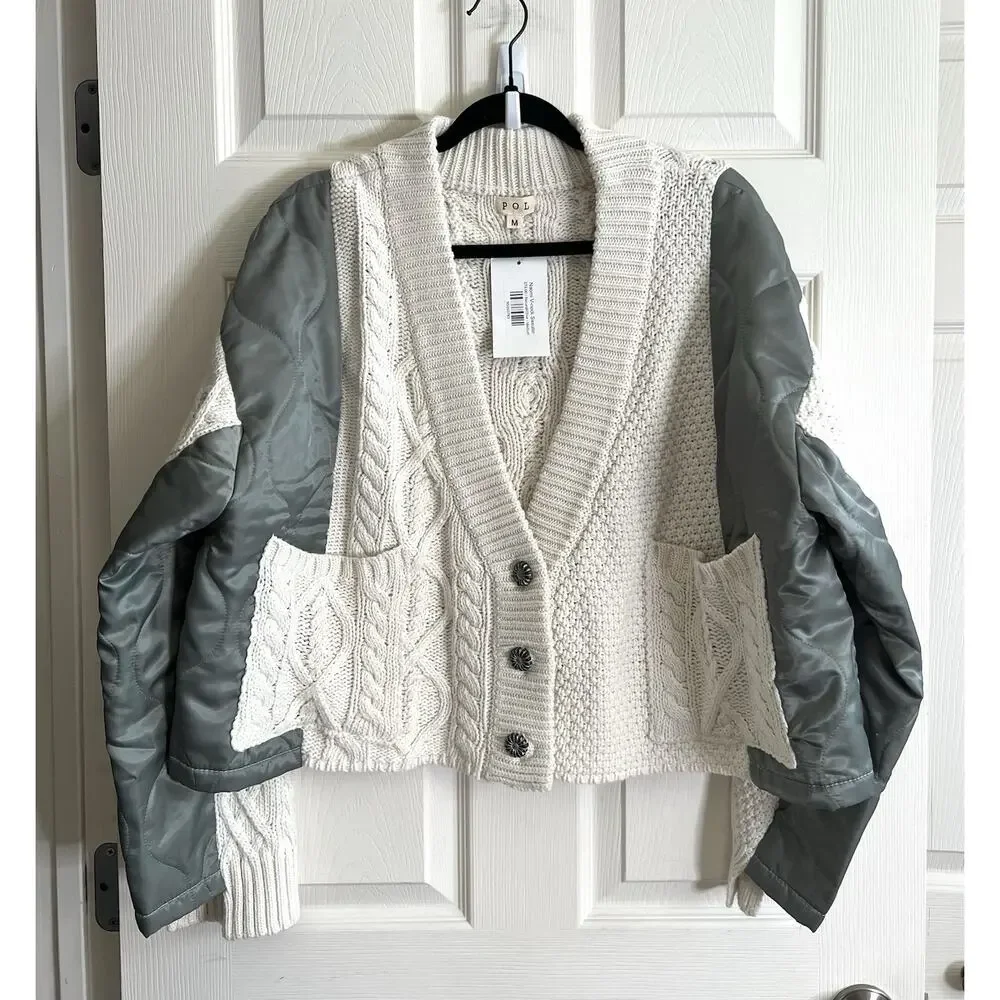 POL Naomi Cable Knit Mixed Media Boxy Grandpa Cardigan Jacket Sz M NWT - Picture 2 of 15